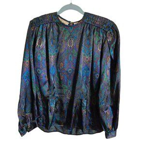 Michelle Stuart Vintage 80s Peacock Jewel Tone Color Blouse Size 8